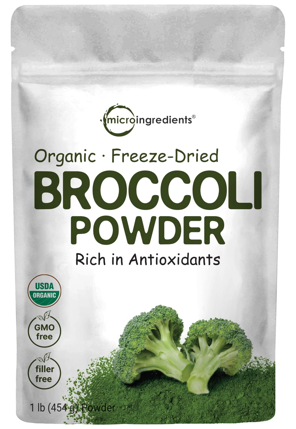Micro Ingredients frente del paquete de polvo de brócoli, fácil conservación