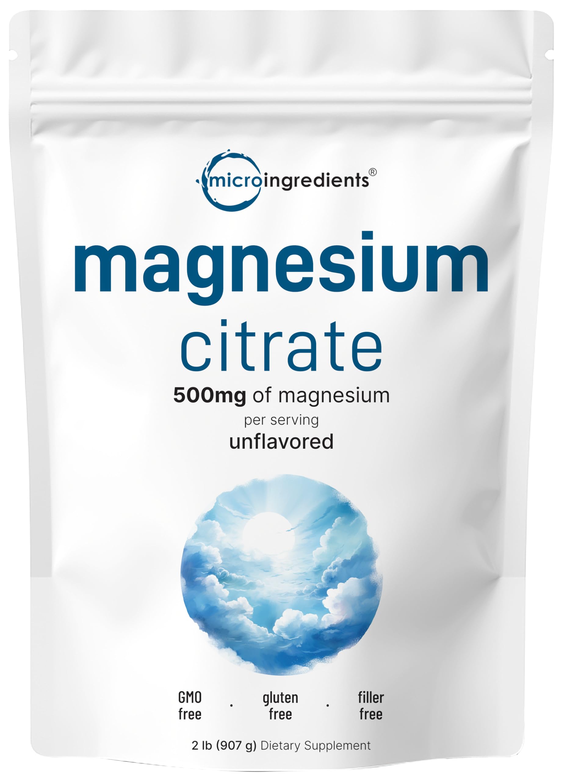 Micro Ingredients envase frontal mostrando citrato de magnesio puro y sin aditivos