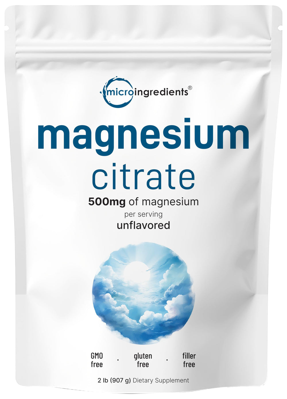 Micro Ingredients envase frontal mostrando citrato de magnesio puro y sin aditivos