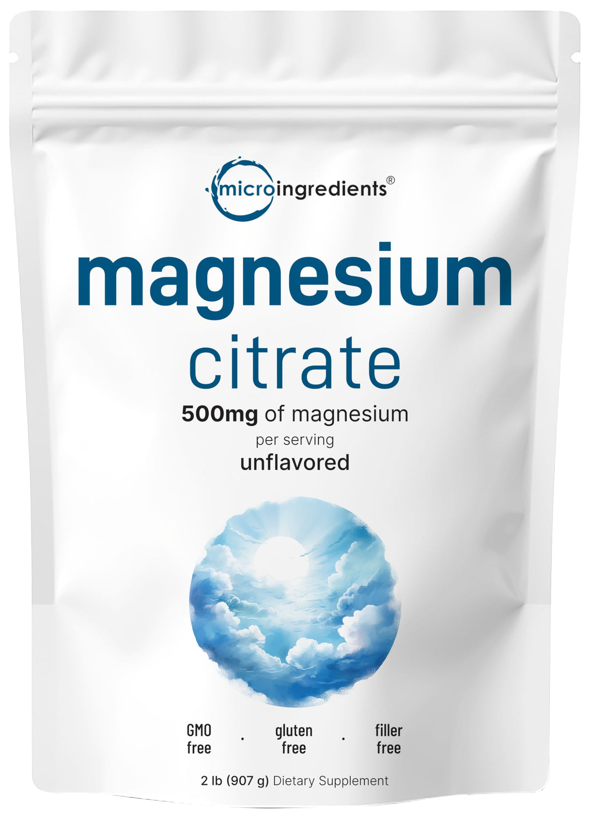 Micro Ingredients envase frontal mostrando citrato de magnesio puro y sin aditivos