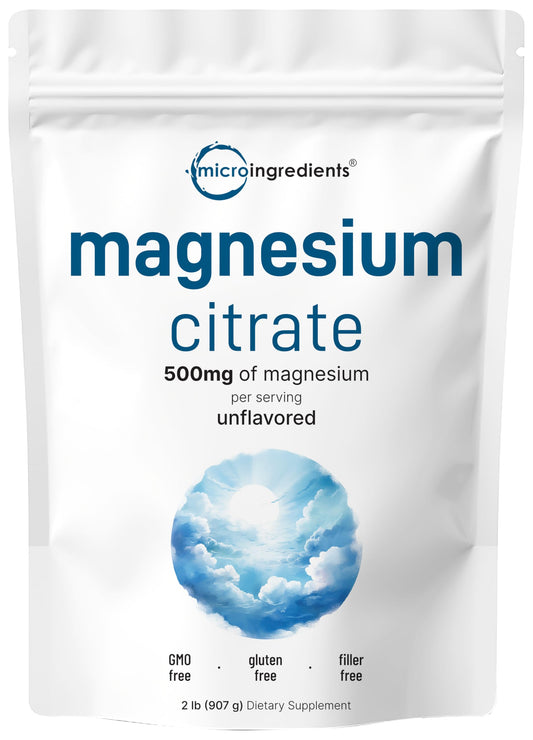 Micro Ingredients envase frontal mostrando citrato de magnesio puro y sin aditivos