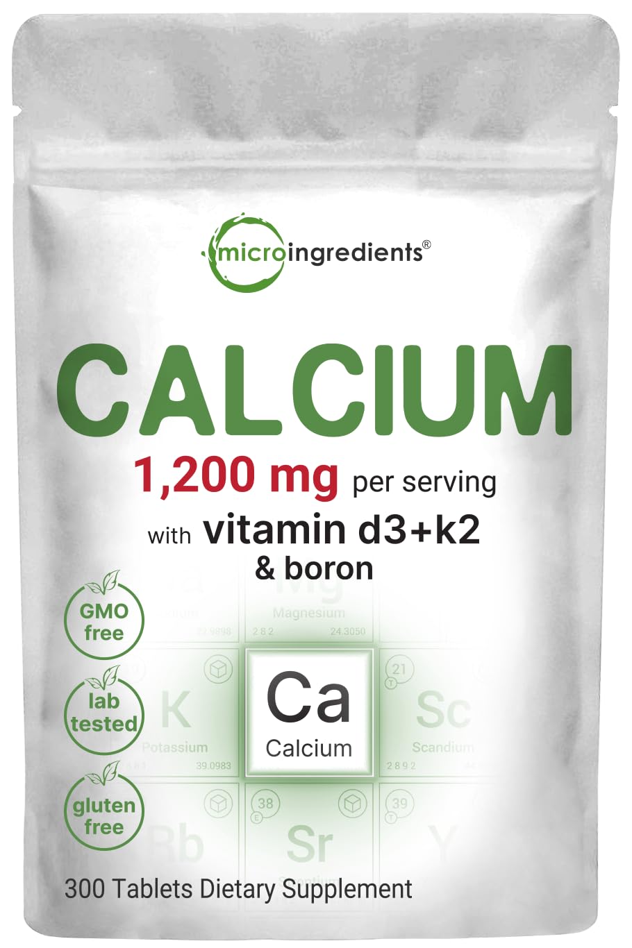 Micro Ingredients envase frontal del suplemento de calcio mostrando etiqueta y cantidad de tabletas