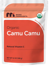 Micro Ingredients envase frontal del camu camu mostrando tamaño y marca, fácil identificación