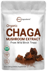 Micro Ingredients frasco de chaga orgánico mostrando etiqueta y tamaño
