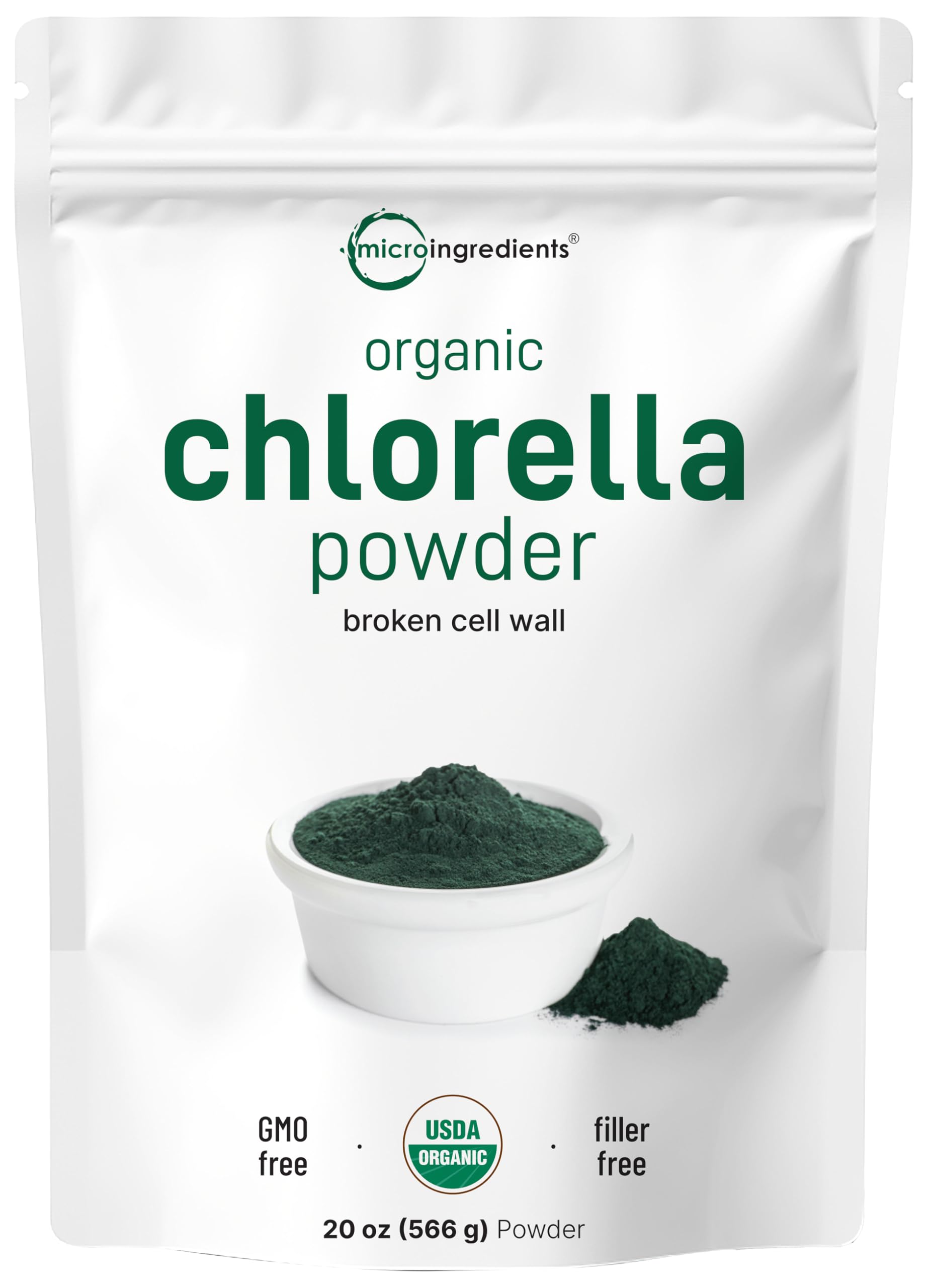 Micro Ingredients envase frontal de chlorella orgánica mostrando tamaño y marca