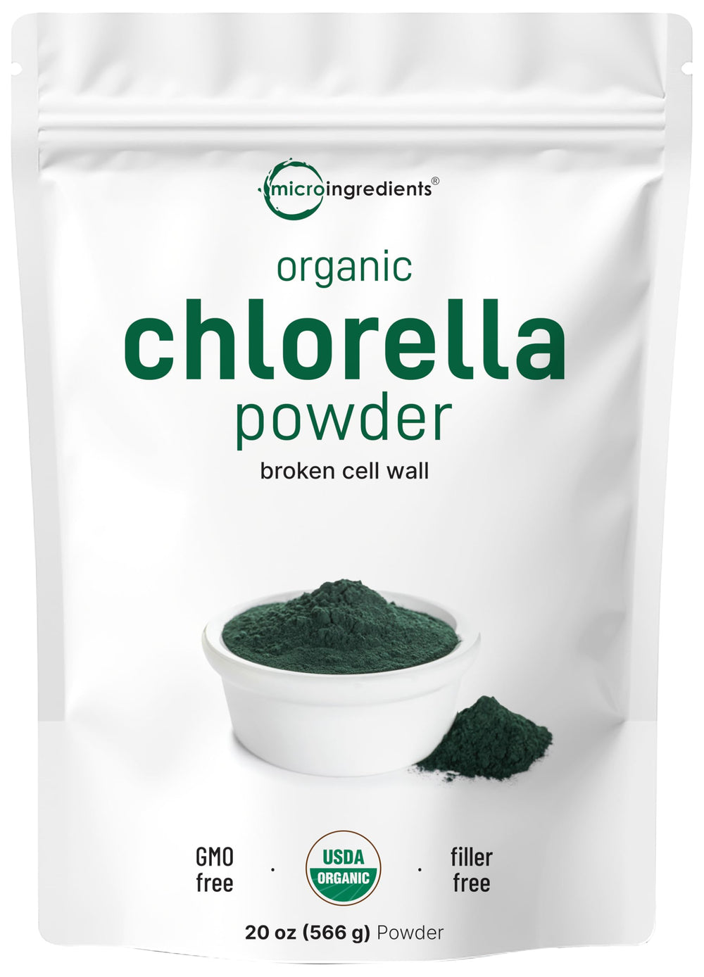 Micro Ingredients envase frontal de chlorella orgánica mostrando tamaño y marca