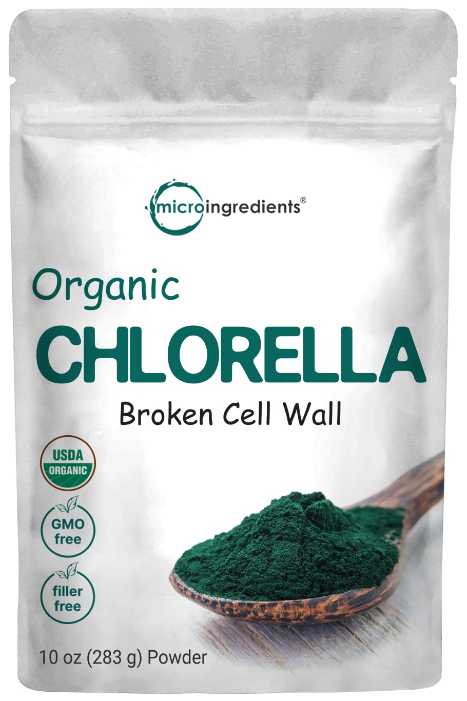 Micro Ingredients chlorella frontal, bolsa orgánica que transmite pureza y practicidad