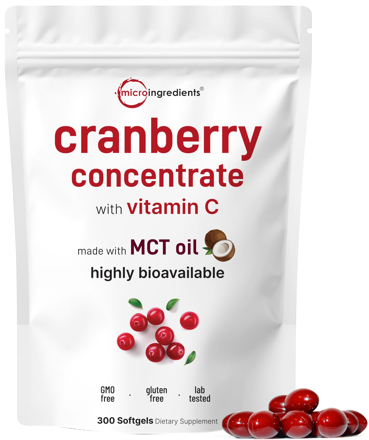 Micro Ingredients frente del empaque mostrando 300 softgels y beneficio de conveniencia