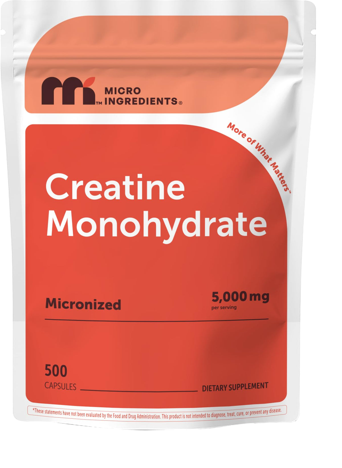 Micro Ingredients envase frontal de creatina monohidrato, presentación clara y pura