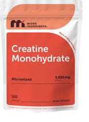Micro Ingredients envase frontal de creatina monohidrato, presentación clara y pura