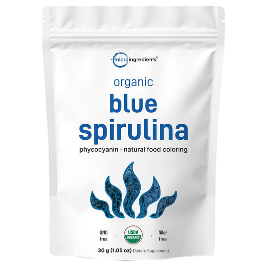 Micro Ingredients espirulina azul frente de empaque mostrando sello orgánico y raciones