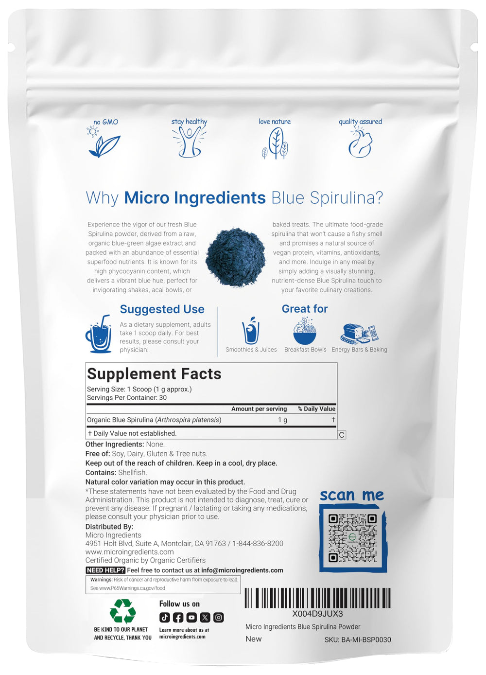 Micro Ingredients polvo de espirulina azul textura fina y color intenso para mezcla