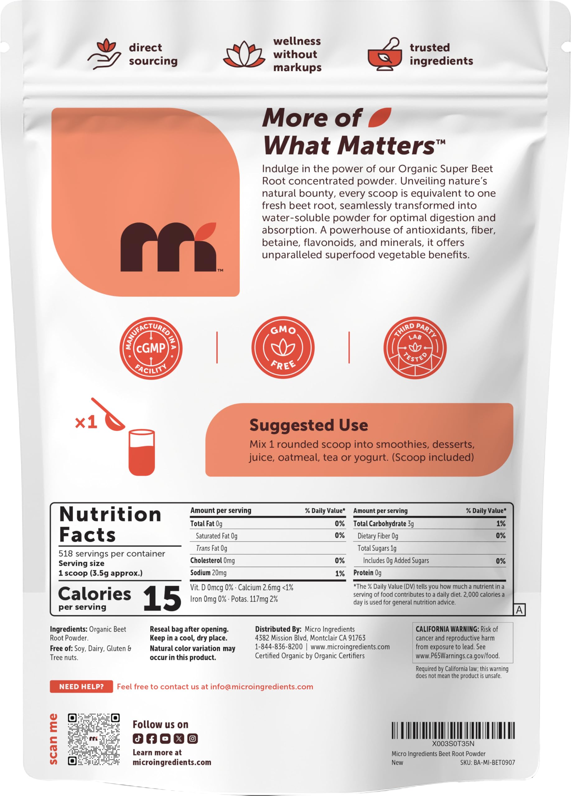 Micro Ingredients etiqueta con sellos orgánico y no-OGM para confianza
