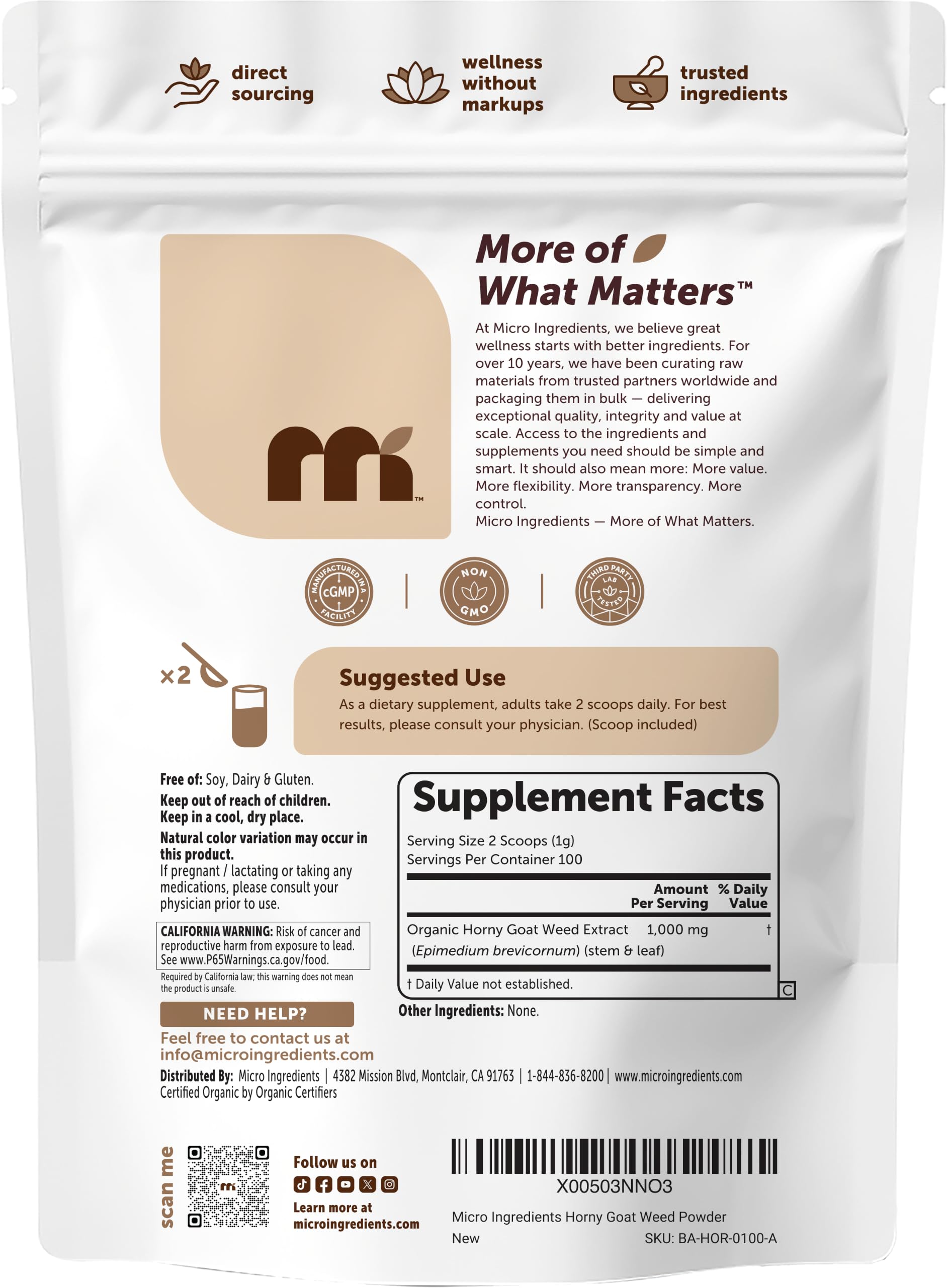 Micro Ingredients etiqueta con información y certificaciones, transparencia y control de calidad