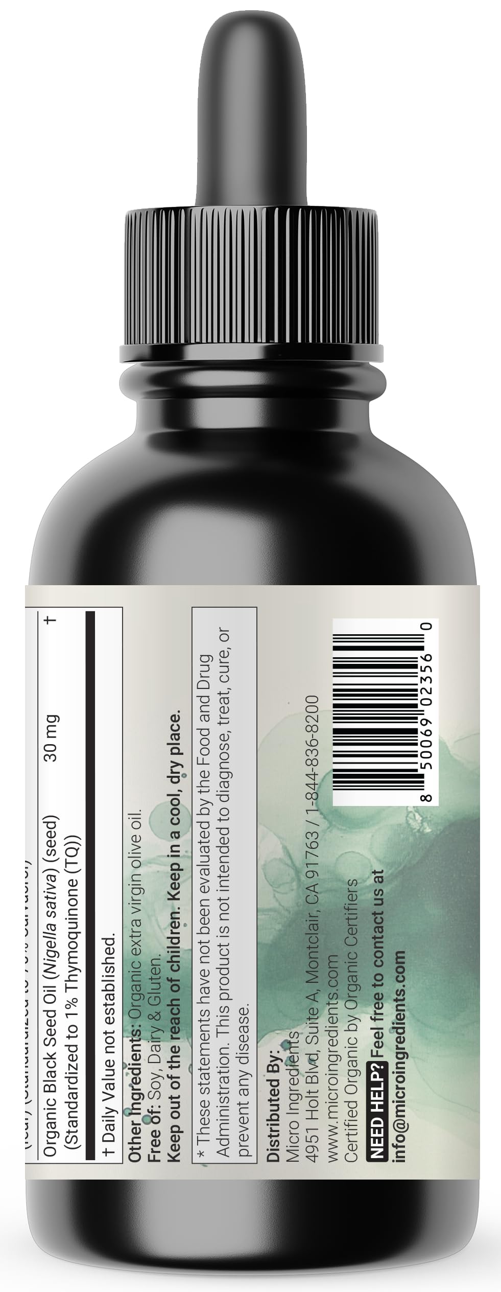 Micro Ingredients etiqueta con información de ingredientes y pruebas de laboratorio