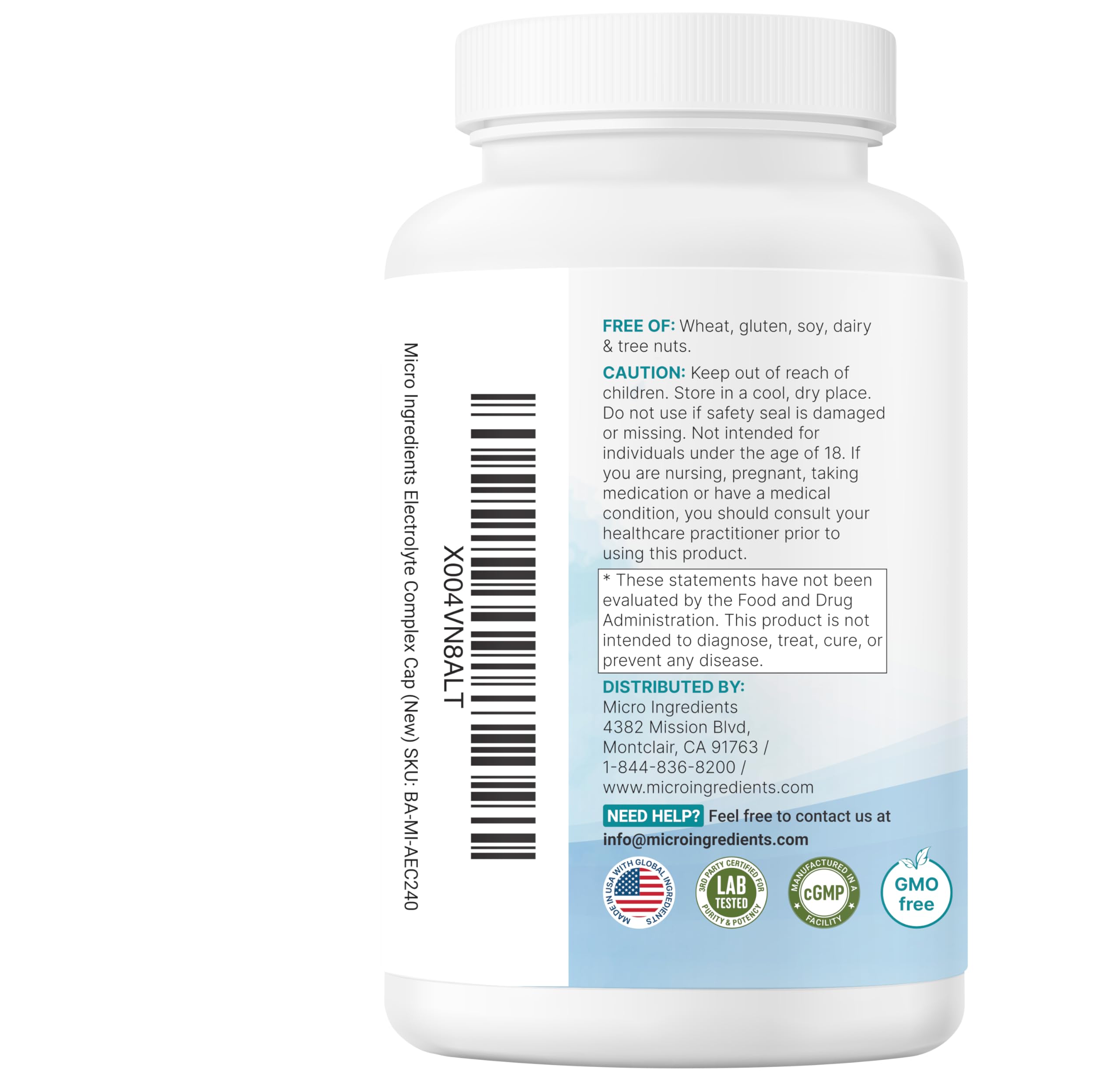 Micro Ingredients etiqueta lateral con información de pureza y pruebas