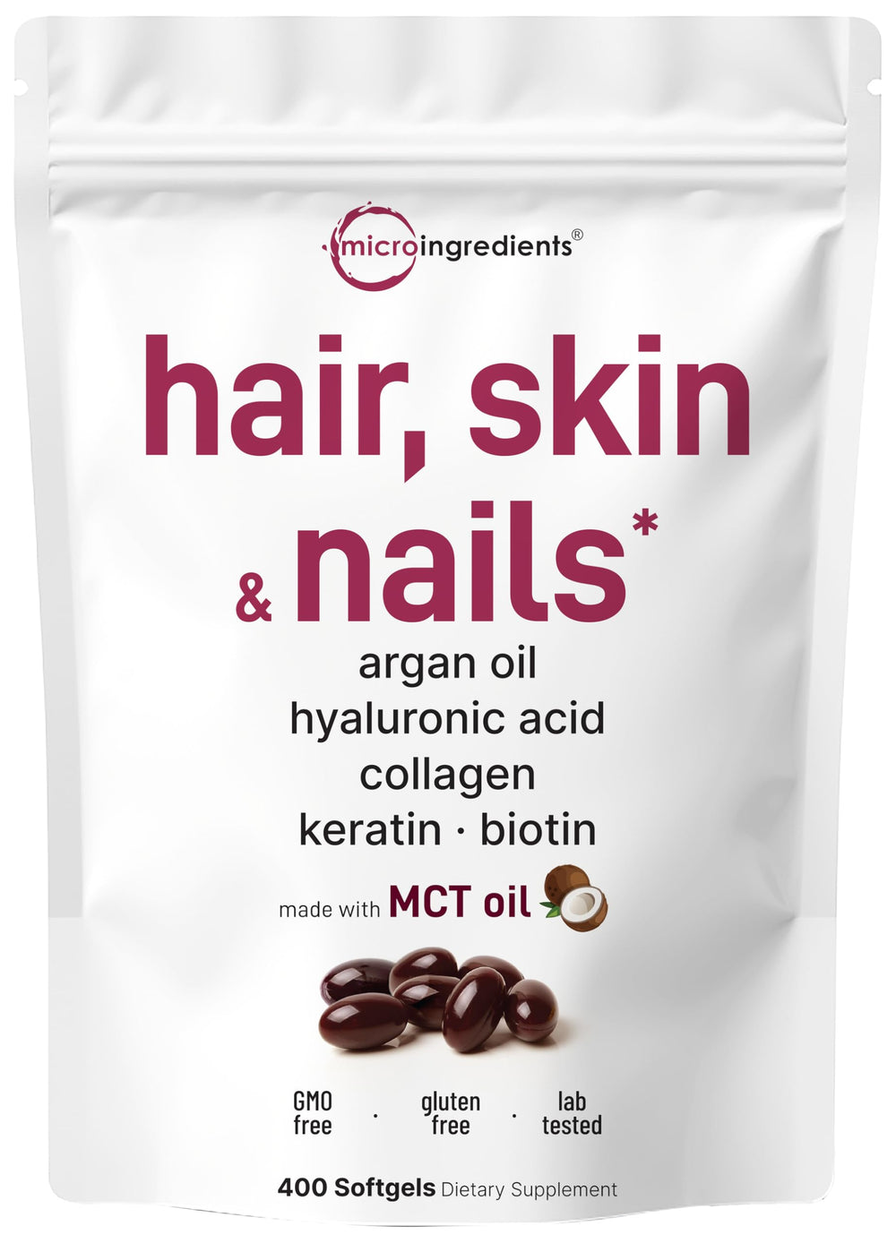 Micro Ingredients frasco frontal mostrando 400 softgels y beneficios