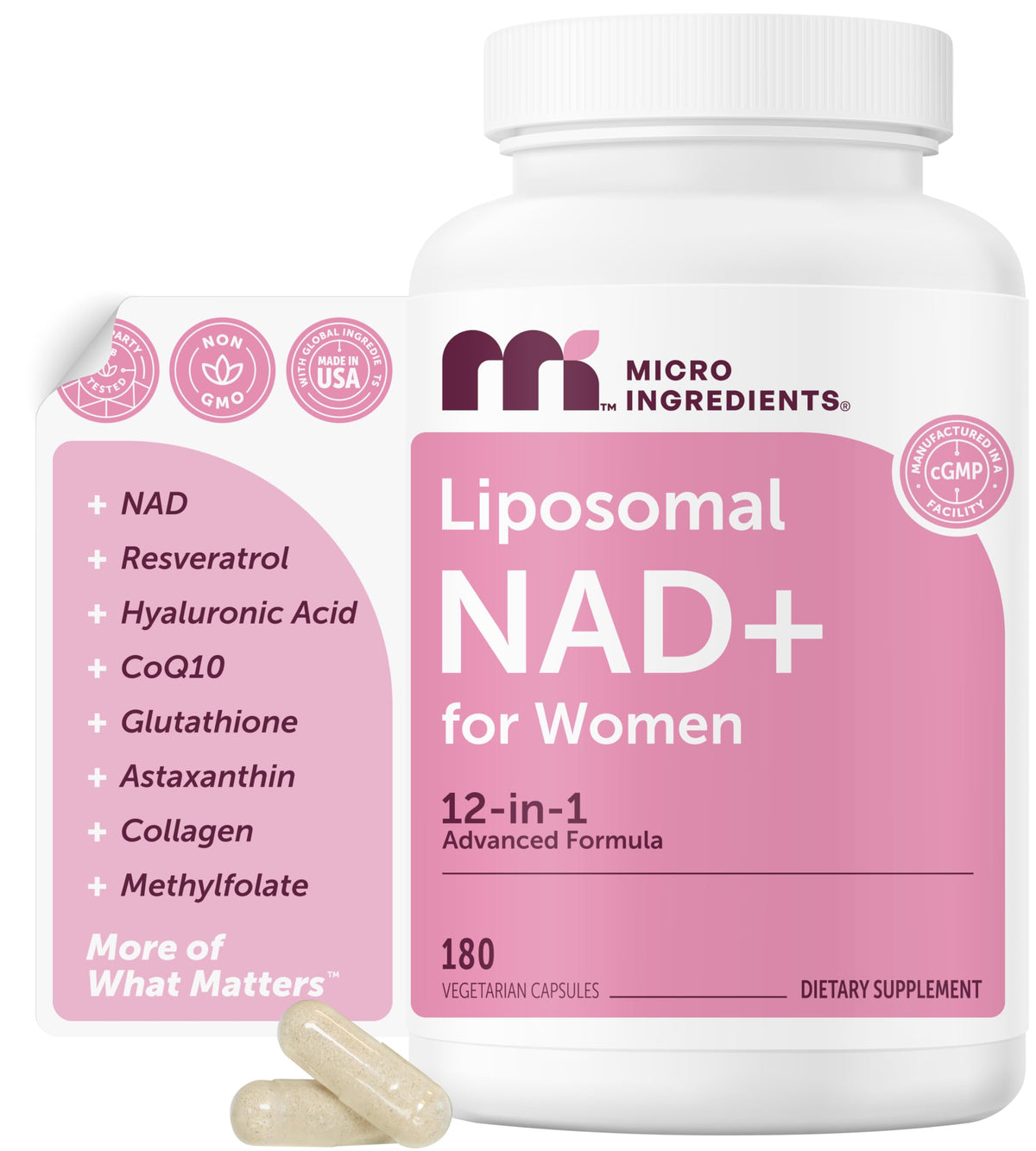 Micro Ingredients frasco frontal mostrando 180 cápsulas vegetales y beneficios de conveniencia