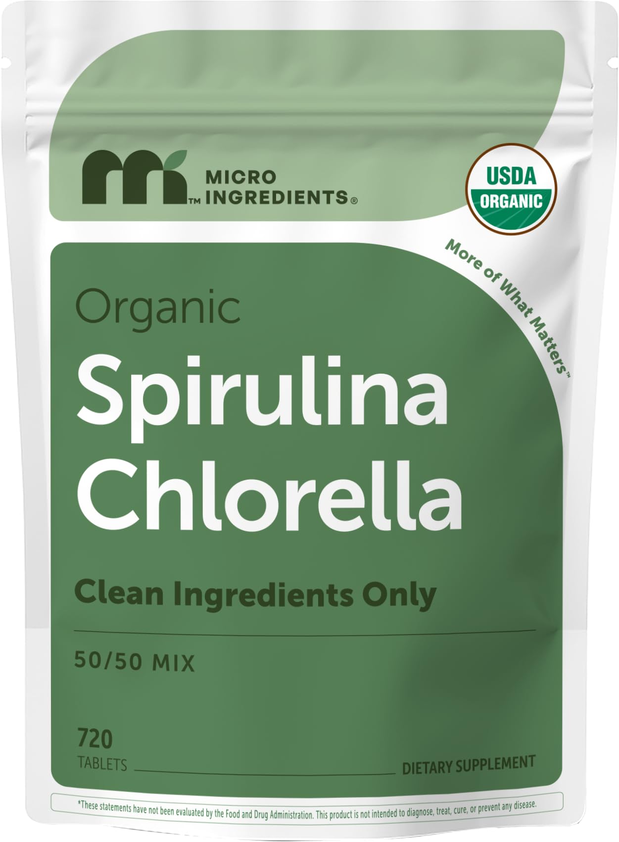 Micro Ingredients empaque frontal de Spirulina Chlorella mostrando cantidad y mezcla