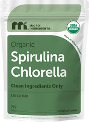 Micro Ingredients empaque frontal de Spirulina Chlorella mostrando cantidad y mezcla