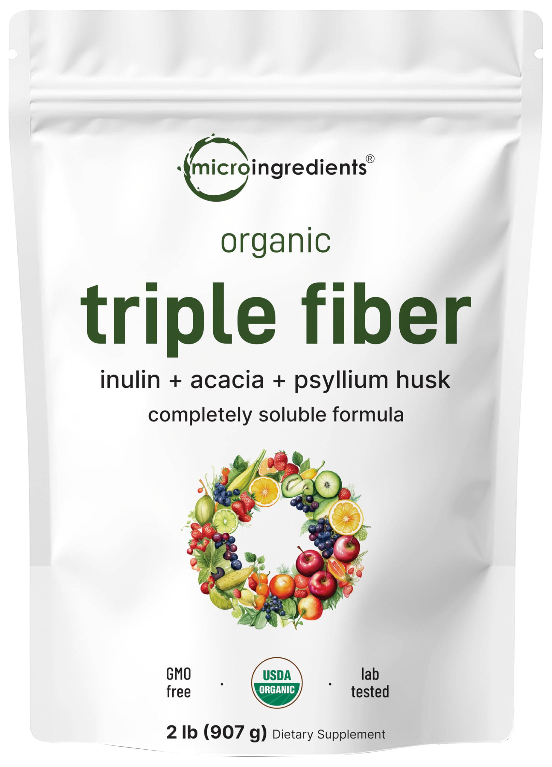 Micro Ingredients empaque frontal mostrando el envase de 2 libras y beneficios orgánicos