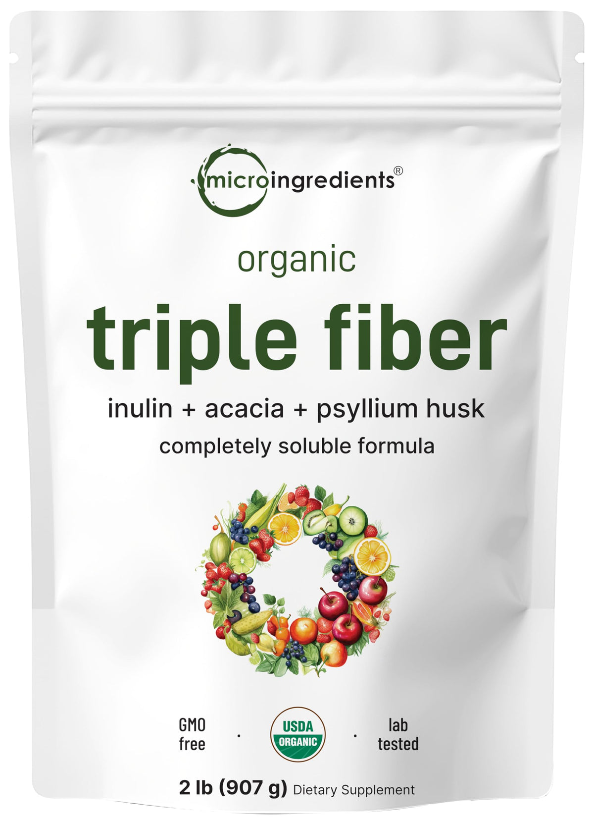 Micro Ingredients empaque frontal mostrando el envase de 2 libras y beneficios orgánicos