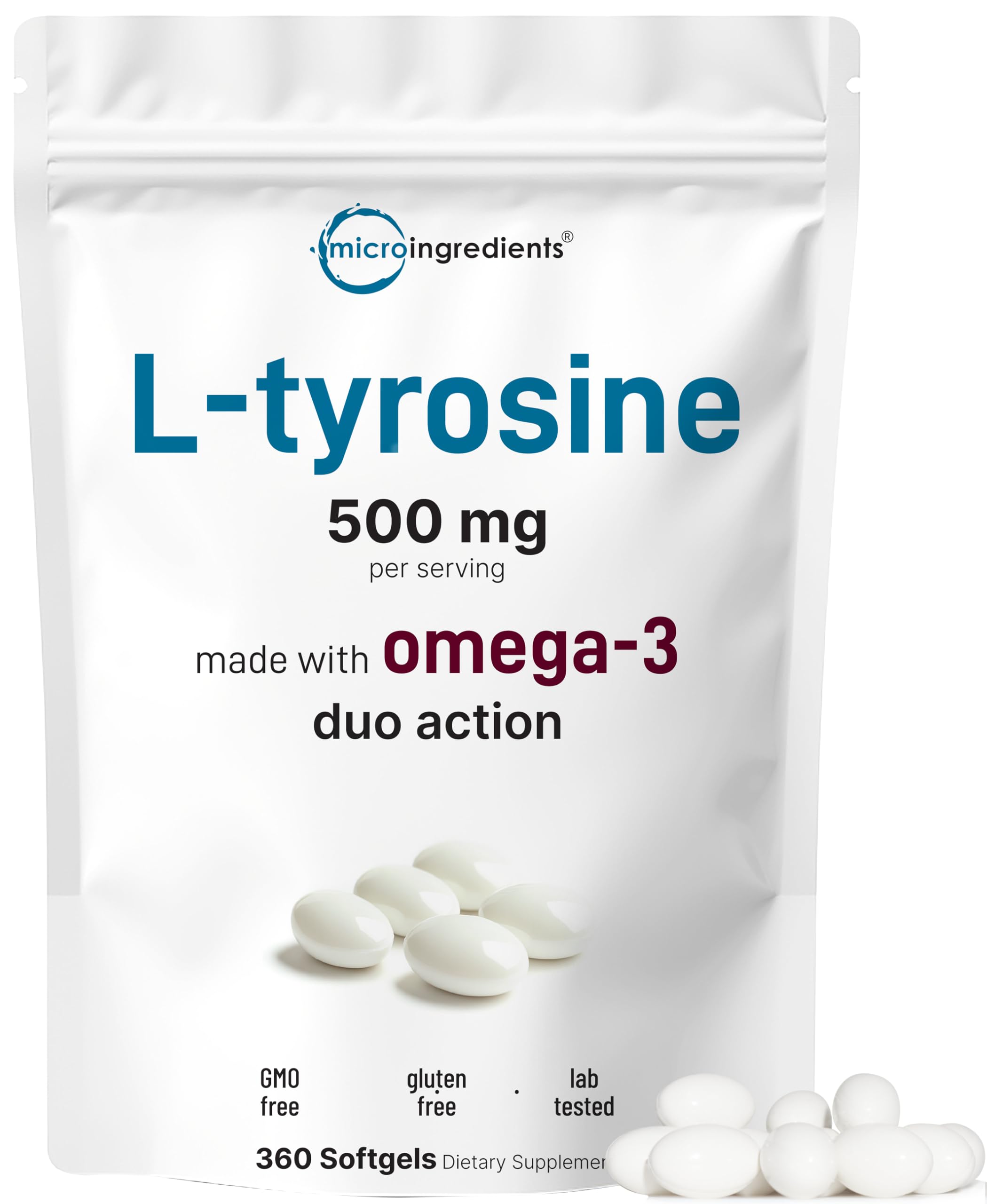 Micro Ingredients frente del empaque que muestra 360 softgels y duración de uso