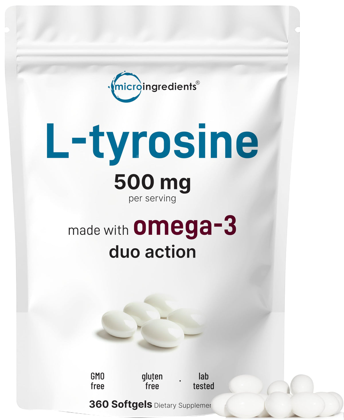 Micro Ingredients frente del empaque que muestra 360 softgels y duración de uso