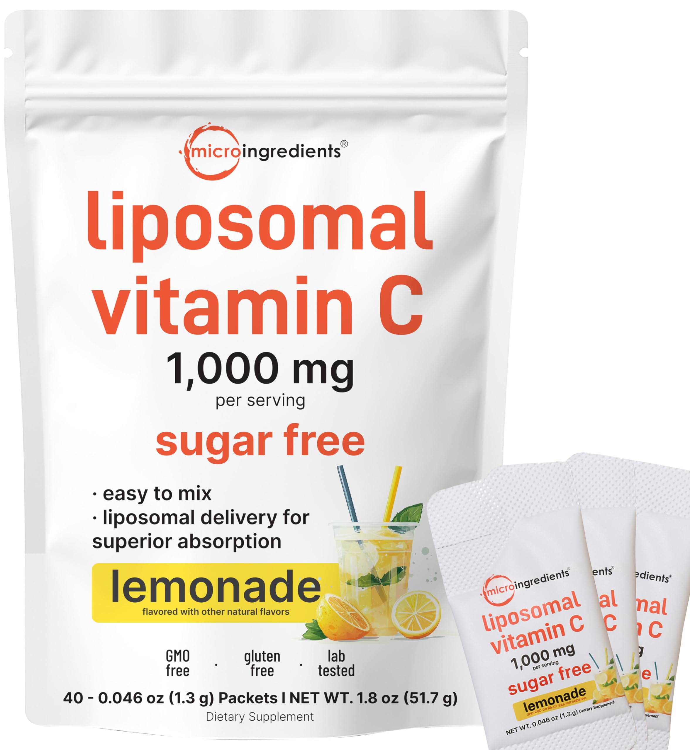 Micro Ingredients frente del empaque mostrando 40 sobres y beneficio de conveniencia