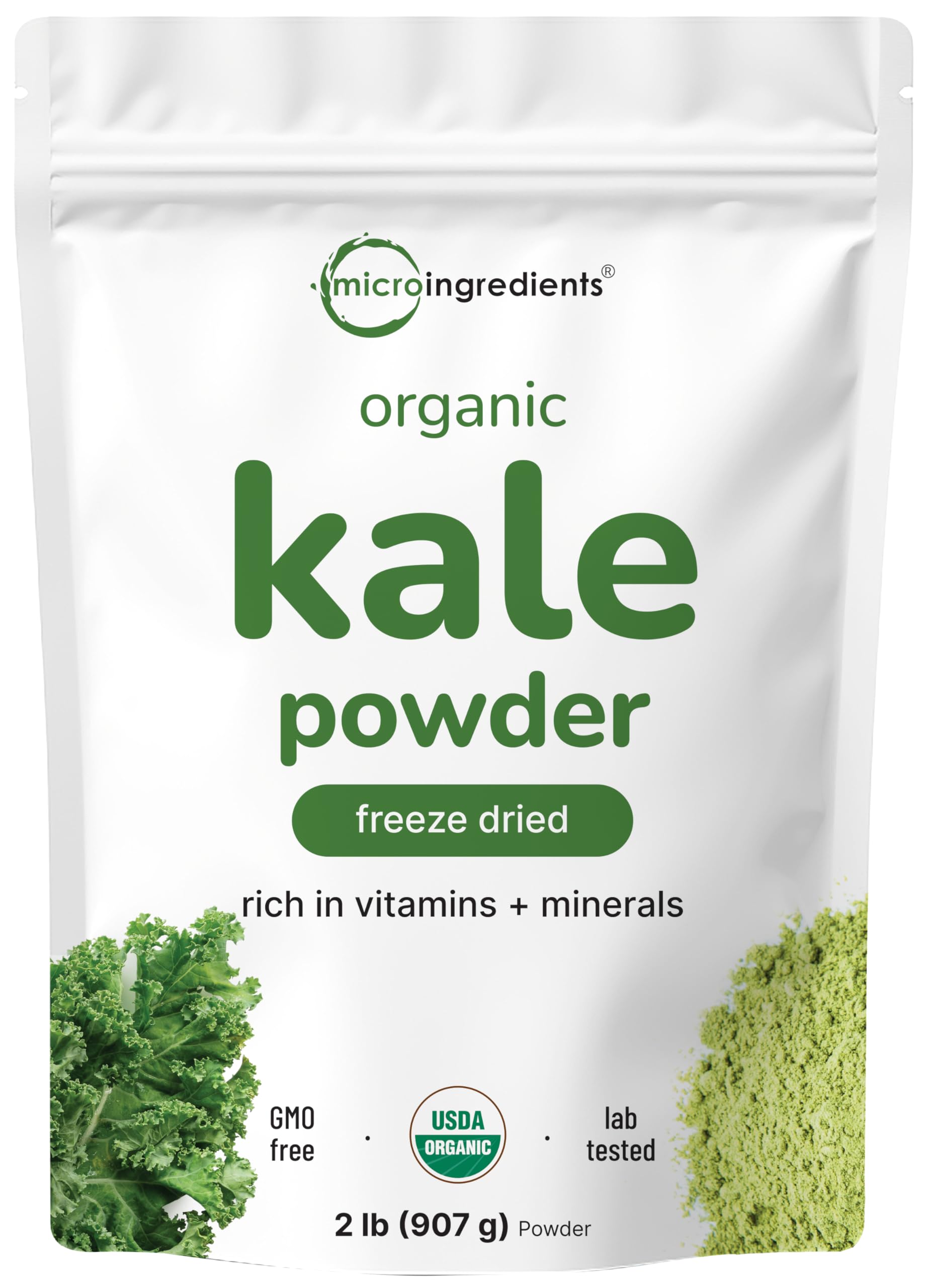 Micro Ingredients frente del envase de polvo de kale orgánico que muestra tamaño y marca