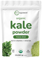 Micro Ingredients frente del envase de polvo de kale orgánico que muestra tamaño y marca
