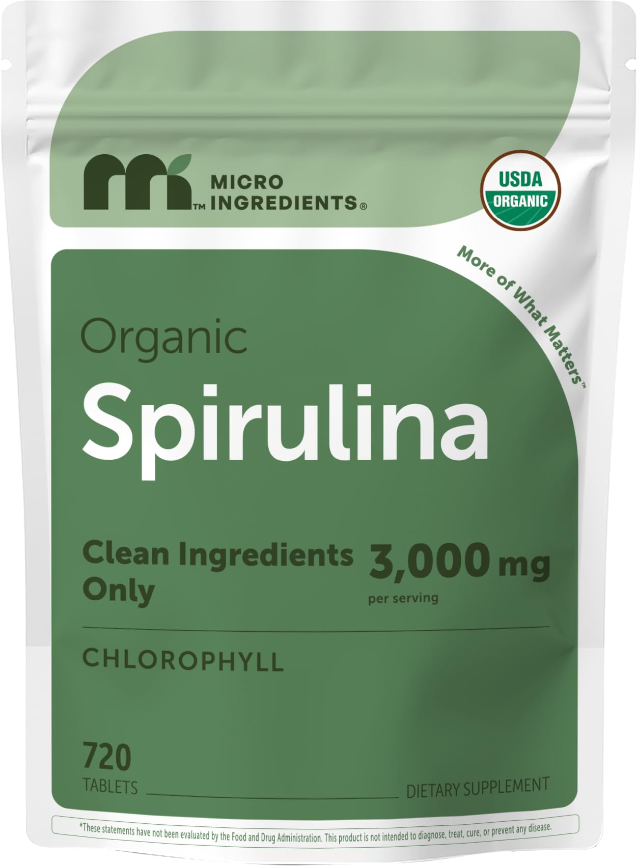 Micro Ingredients frasco frontal de spirulina mostrando etiqueta orgánica y seguridad