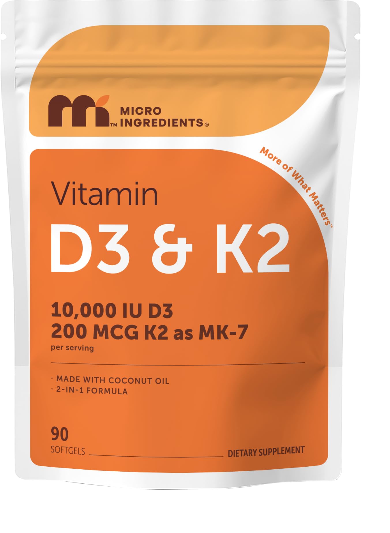 Micro Ingredients frente del envase mostrando la fórmula D3 y K2, conveniente para el uso diario