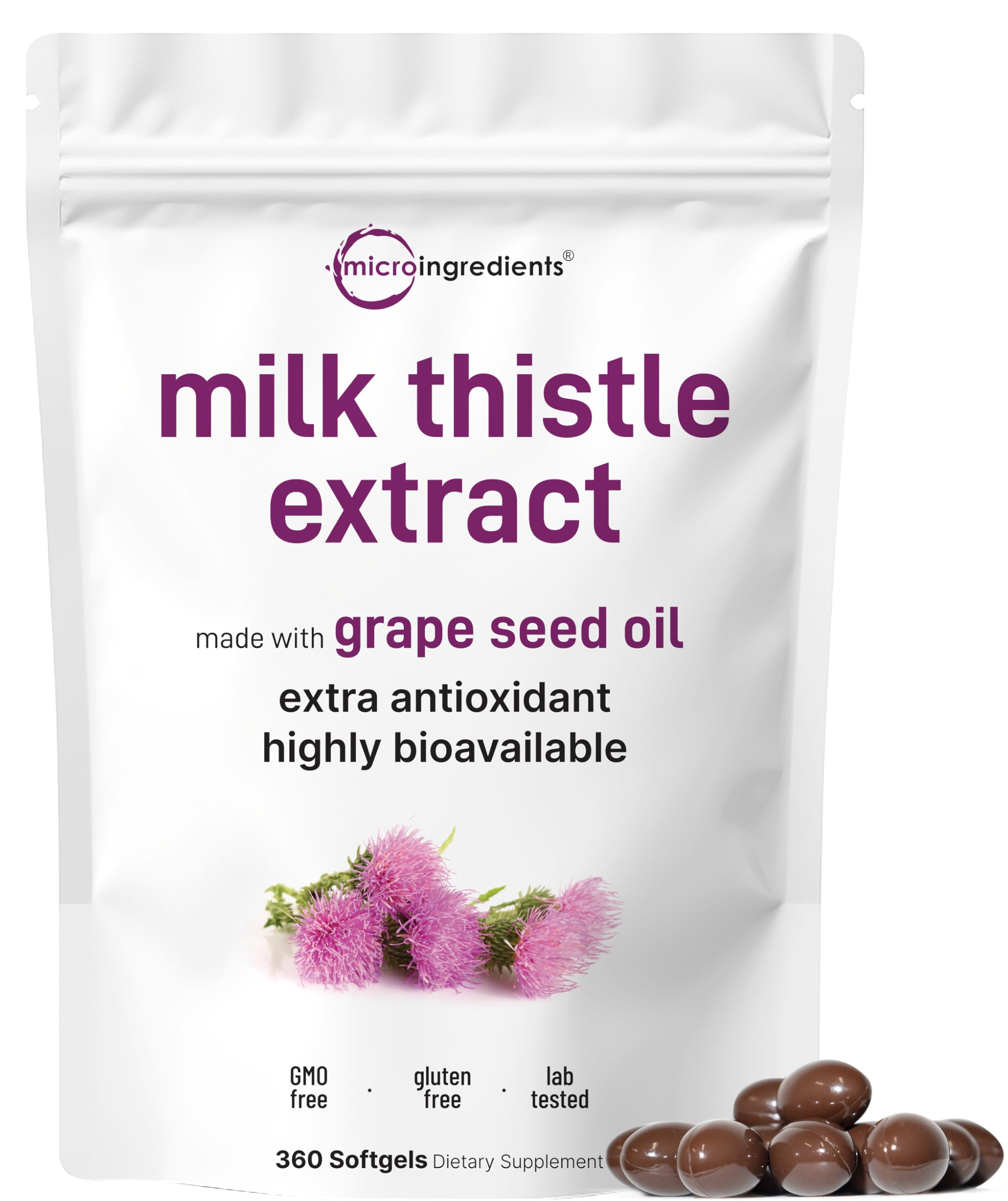 Micro Ingredients frente del envase mostrando 360 softgels y ventajas del formato