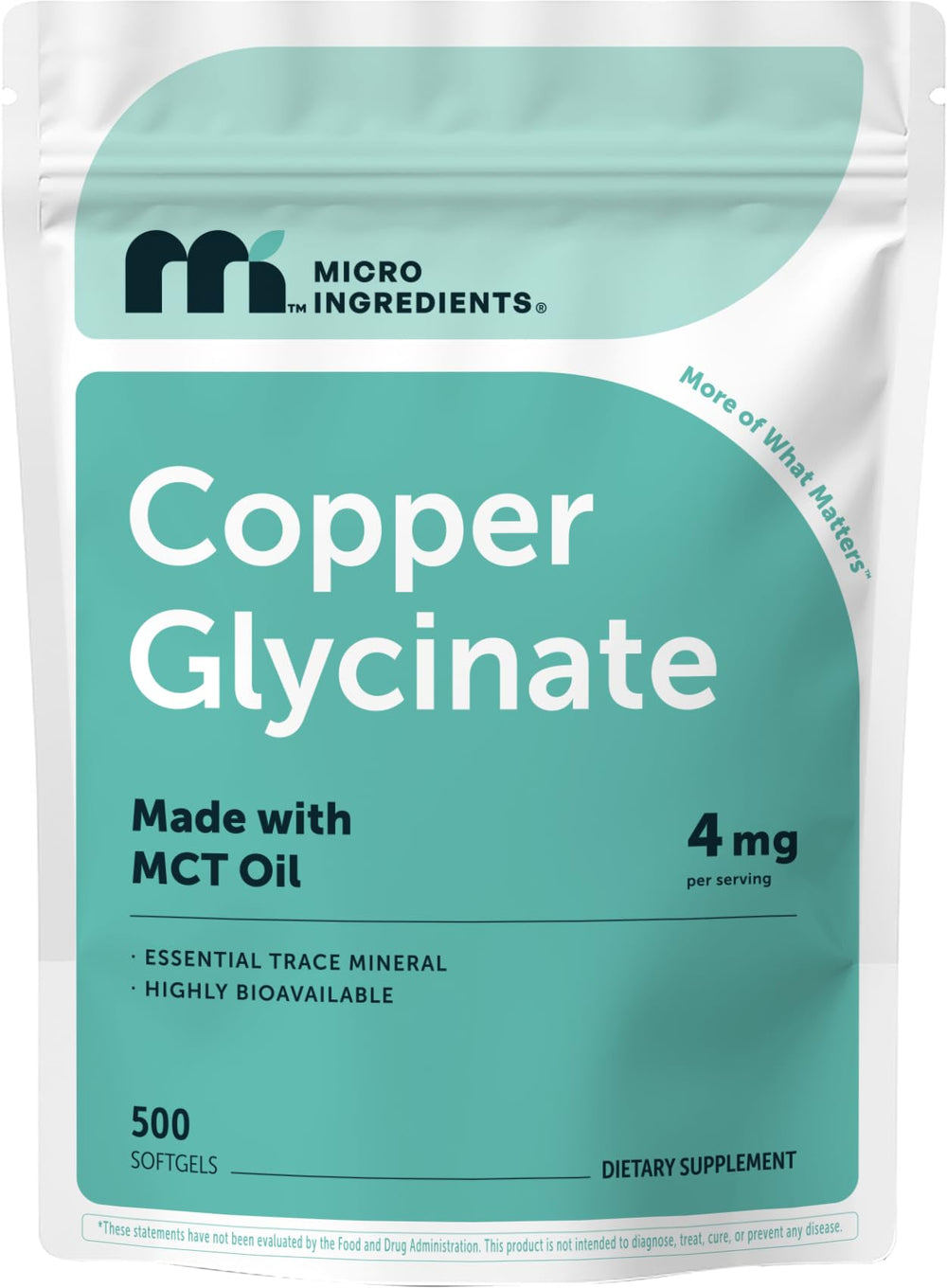 Micro Ingredients frente del envase de cobre glicinato mostrando tamaño y marca