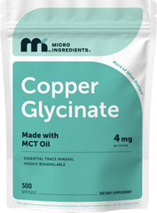 Micro Ingredients frente del envase de cobre glicinato mostrando tamaño y marca