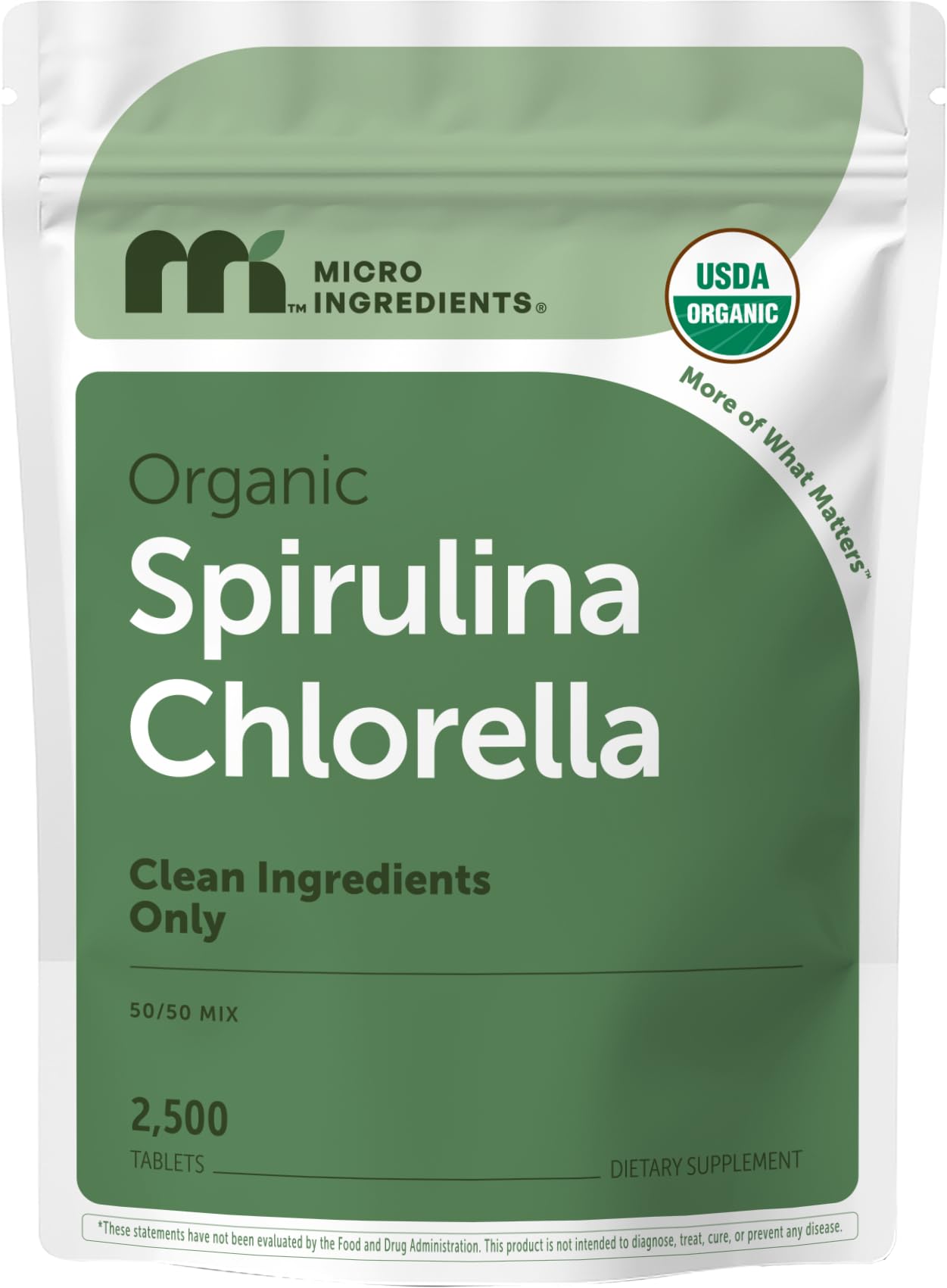 Micro Ingredients envase frontal de spirulina chlorella mostrando suministro prolongado
