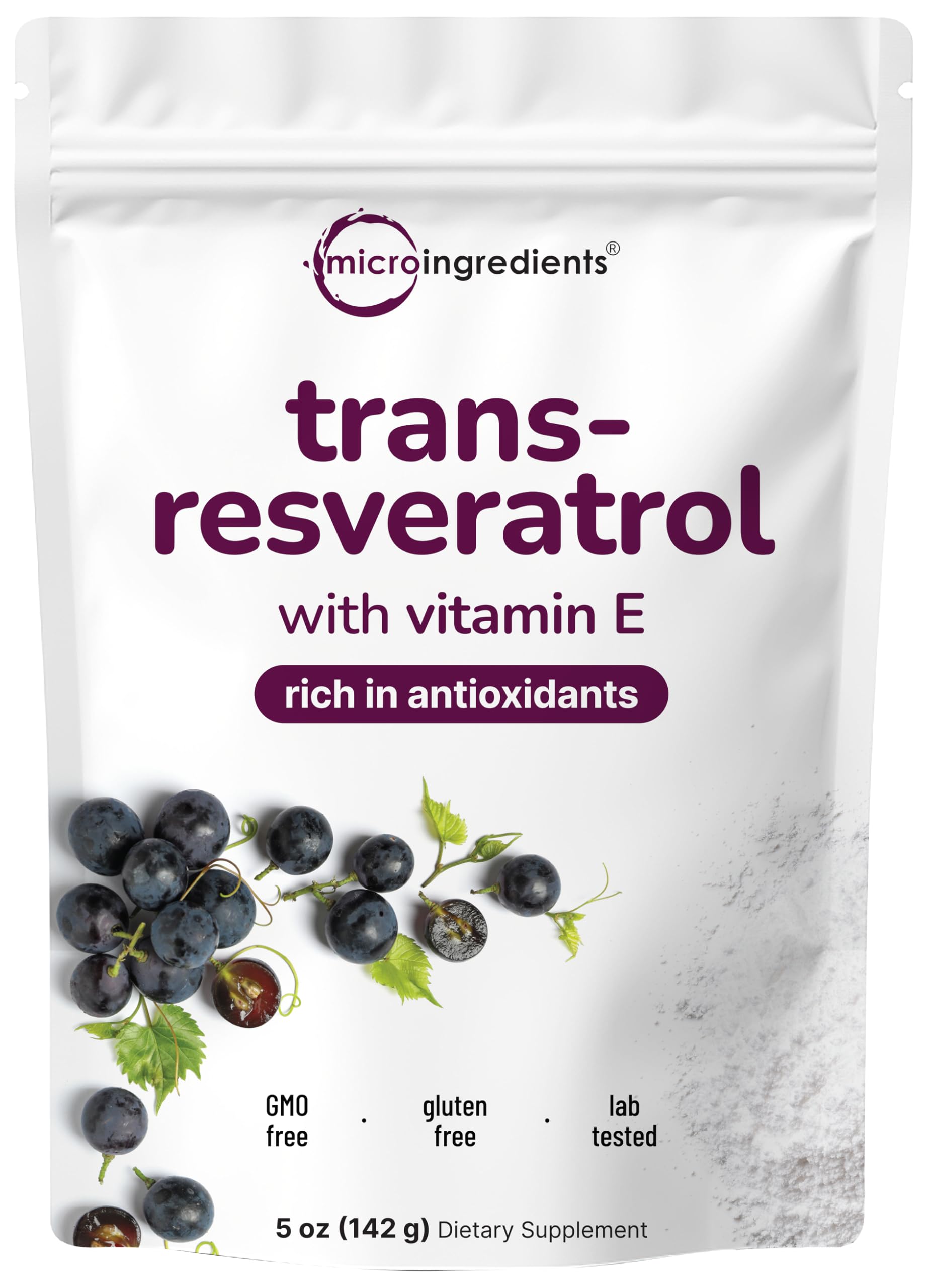 Micro Ingredients vista frontal del envase con resveratrol, presentación clara y confiable