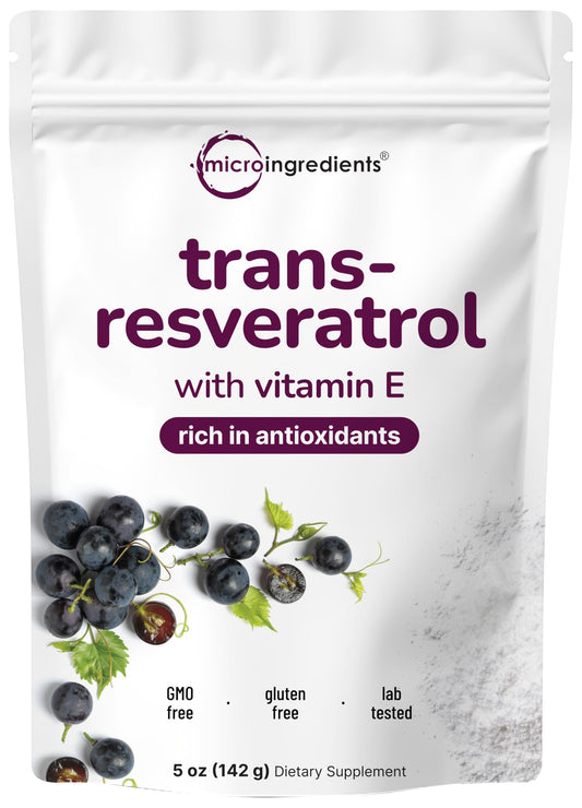 Micro Ingredients vista frontal del envase con resveratrol, presentación clara y confiable