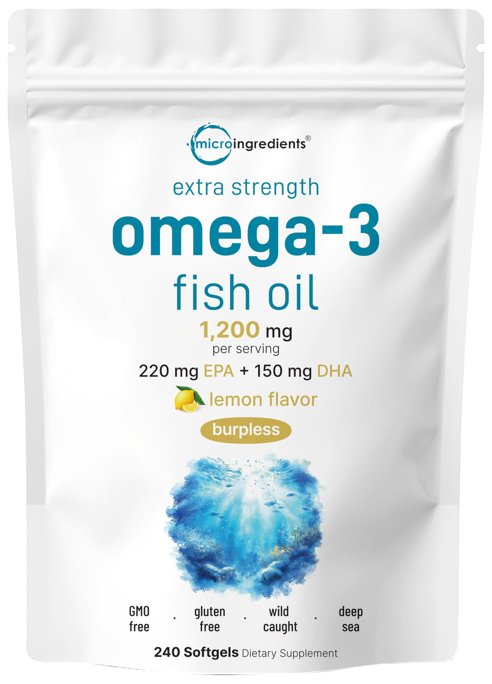 Micro Ingredients frontal del envase mostrando 240 softgels y beneficios claros