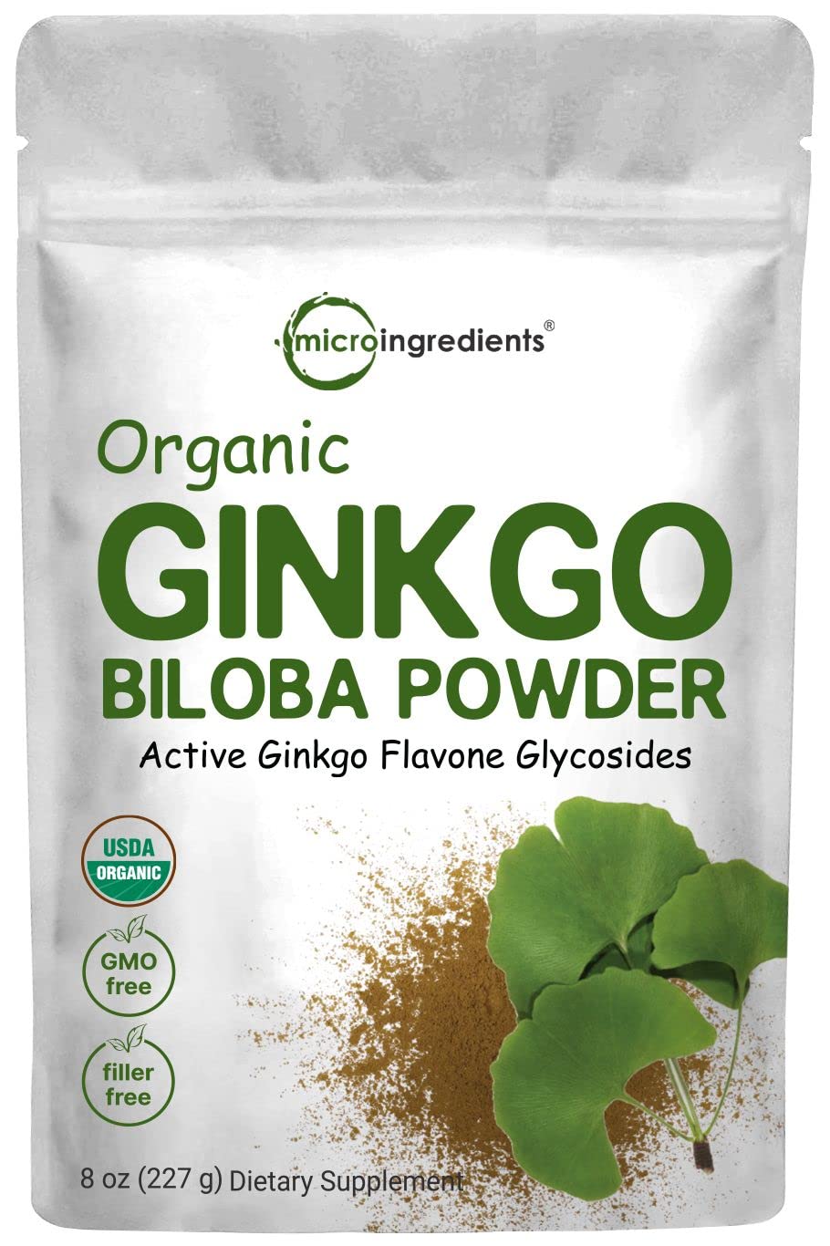 Micro Ingredients envase frontal del ginkgo orgánico, presentación clara y confiable