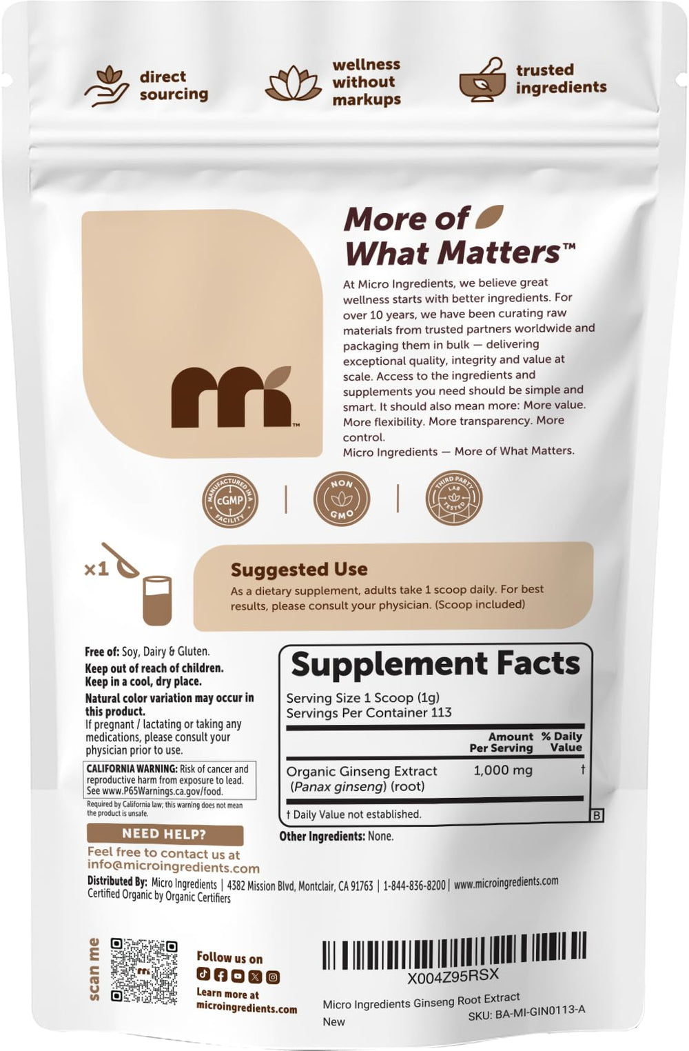 Micro Ingredients etiqueta con ingredientes y sello orgánico, garantía de calidad