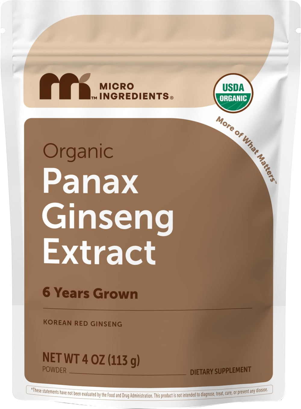 Micro Ingredients paquete frontal que muestra 4 oz y ginseng orgánico, confianza en la compra