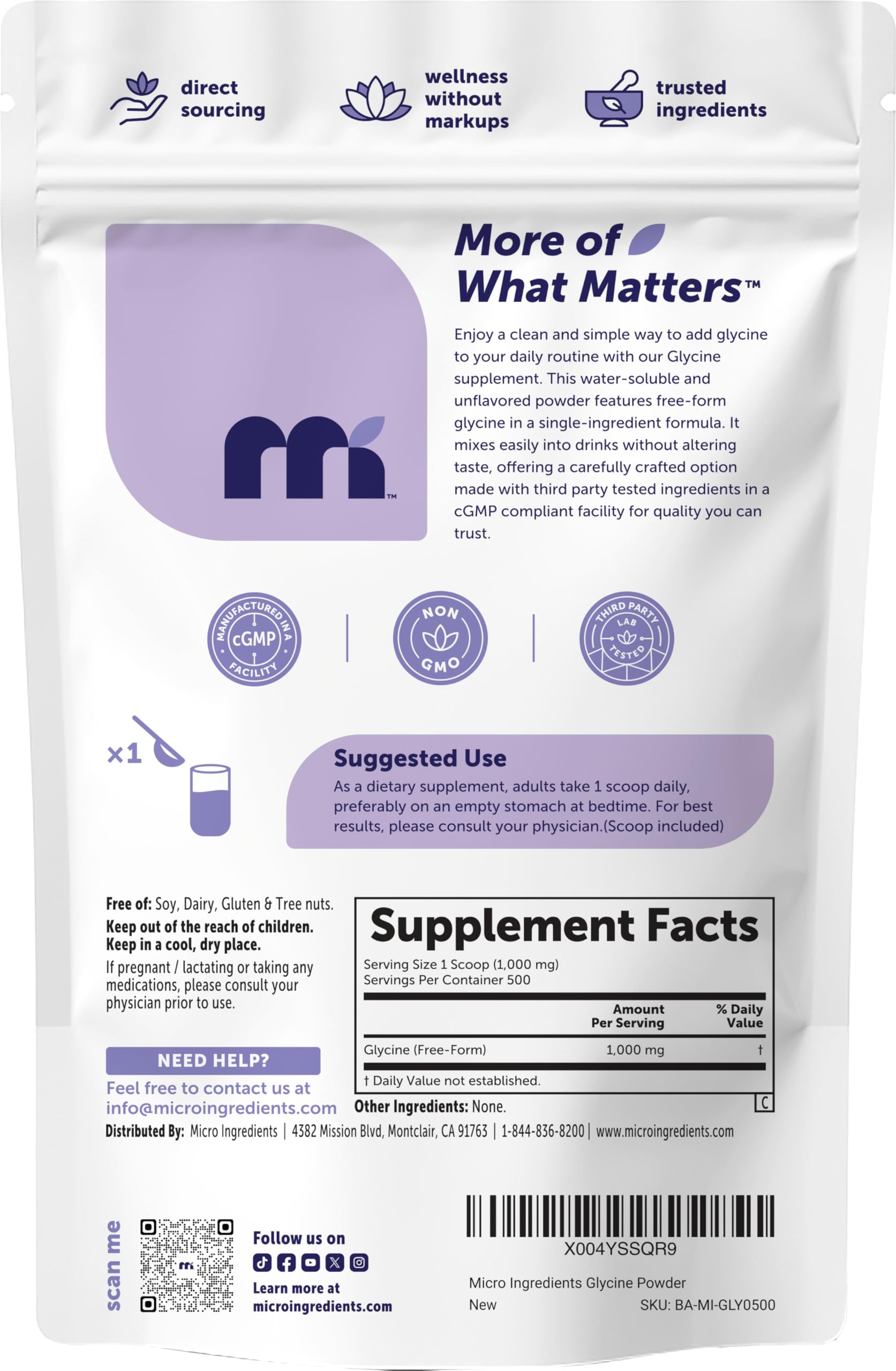 Micro Ingredients batido matinal con glicina añadida, integración fácil en recetas