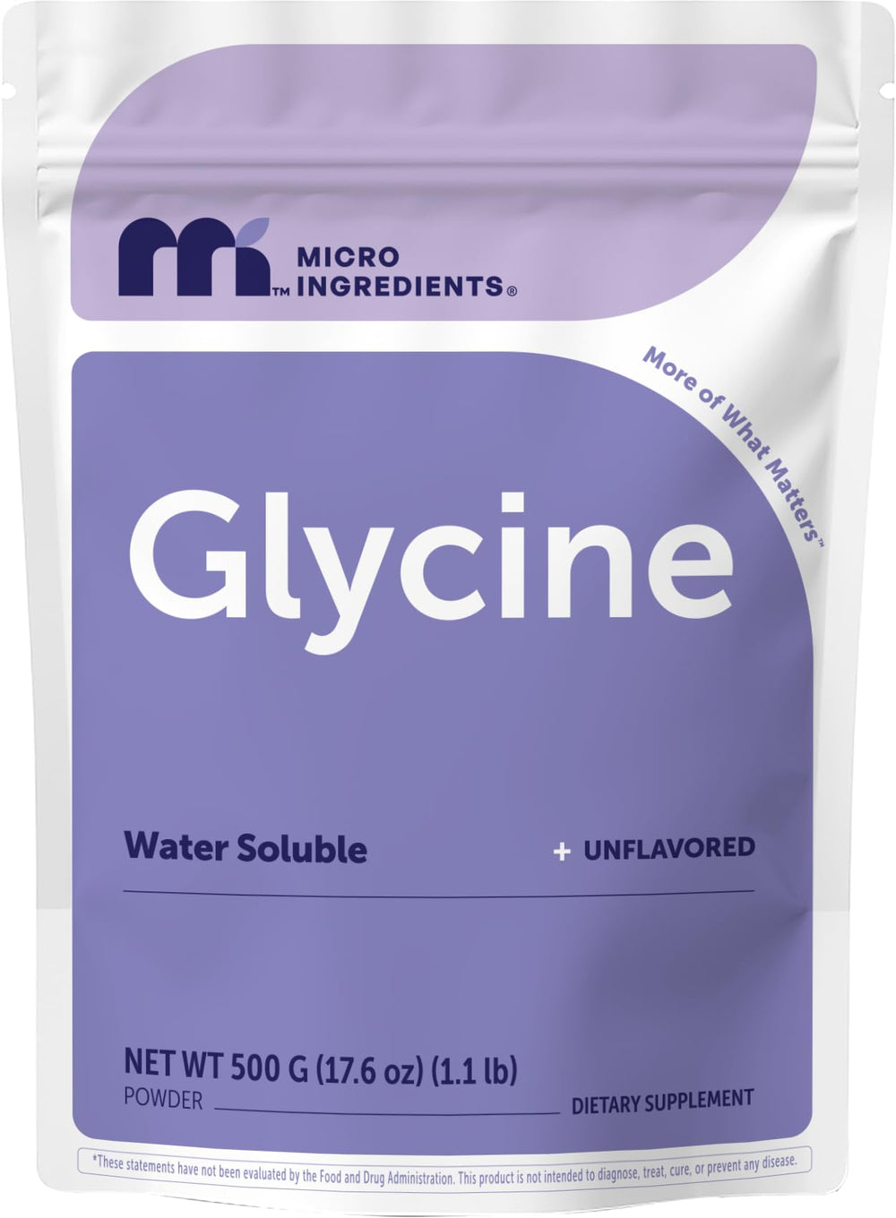Micro Ingredients envase frontal de glicina 500 g, visual claro y descripción sin aditivos