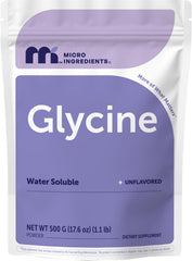 Micro Ingredients envase frontal de glicina 500 g, visual claro y descripción sin aditivos