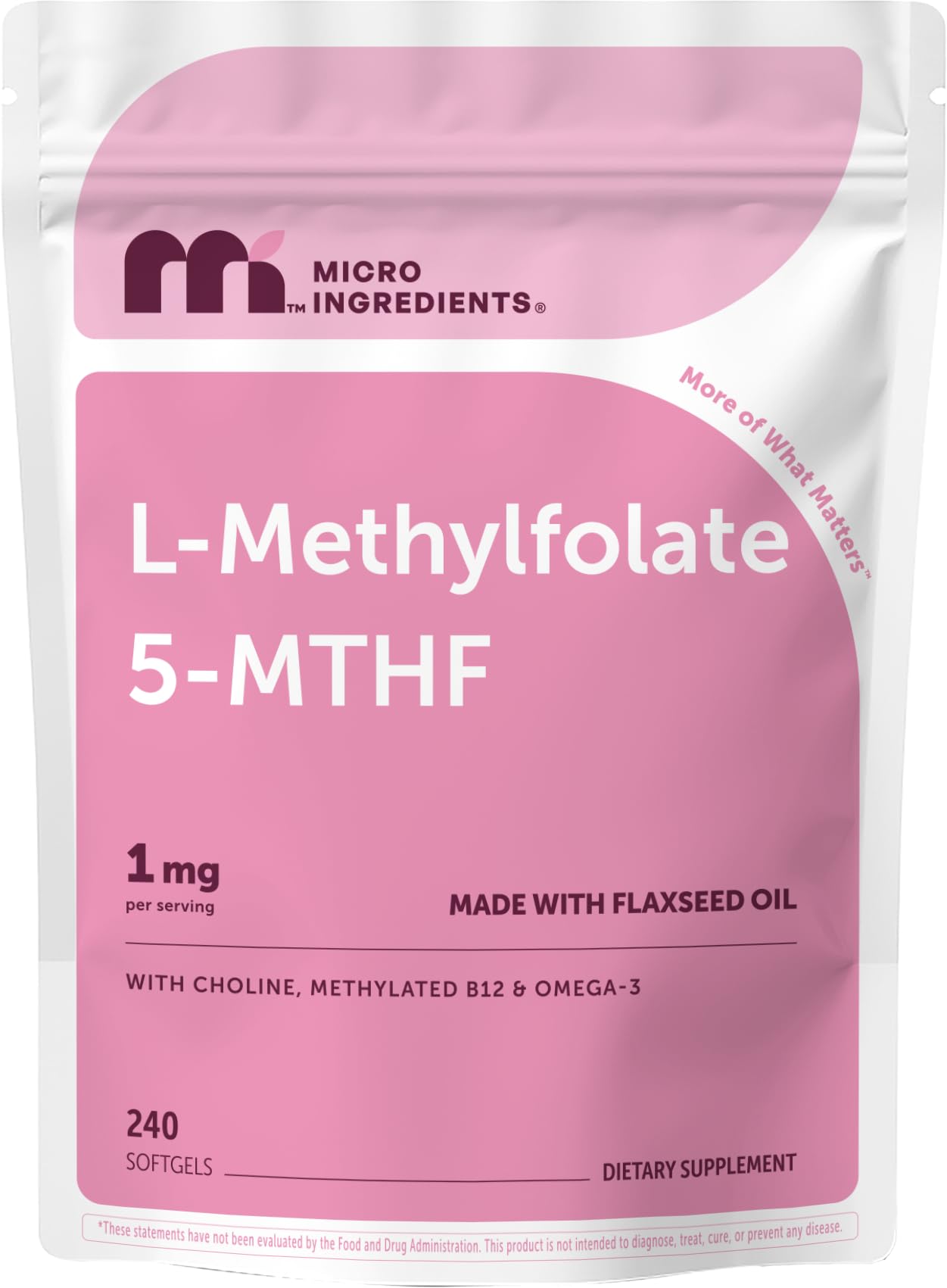 Micro Ingredients frasco frontal con L‑Methylfolate 240 cápsulas muestra presentación y duración