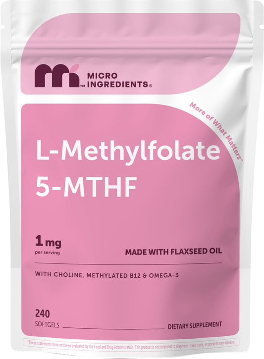 Micro Ingredients frasco frontal con L‑Methylfolate 240 cápsulas muestra presentación y duración
