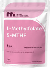 Micro Ingredients frasco frontal con L‑Methylfolate 240 cápsulas muestra presentación y duración