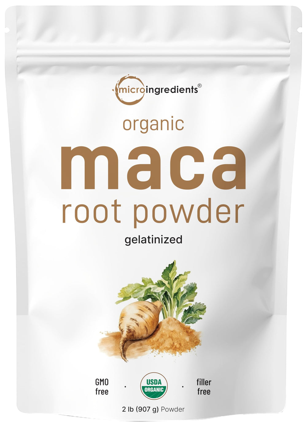 Micro Ingredients paquete frontal de maca orgánica muestra beneficios nutricionales